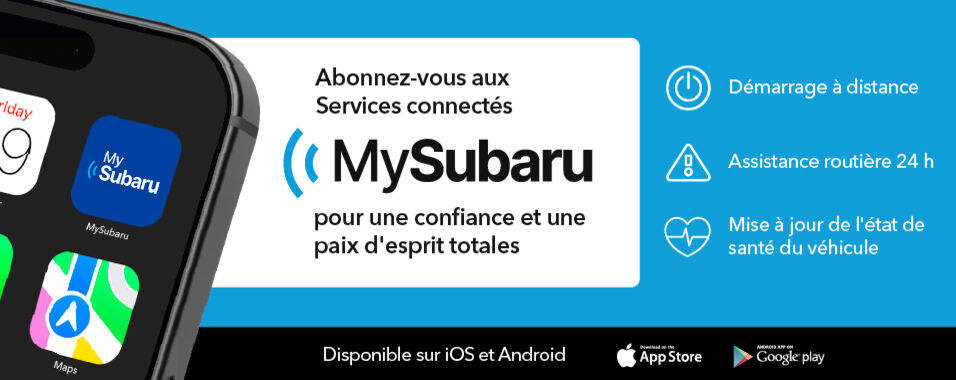 Le système de Services connectés MySubaru®1 est une technologie véhiculaire qui relie votre Subaru au monde qui l